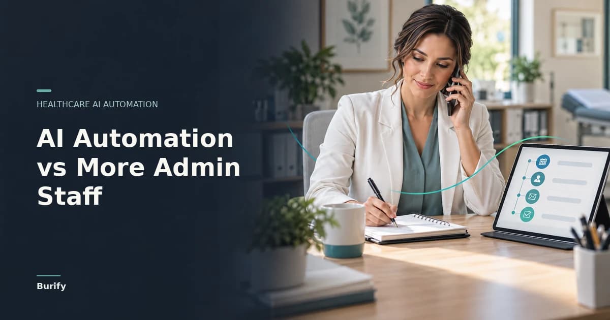 Healthcare AI automation hero image of a practice manager writing while comparing scheduled tasks on screen, with the headline AI Automation vs More Admin Staff