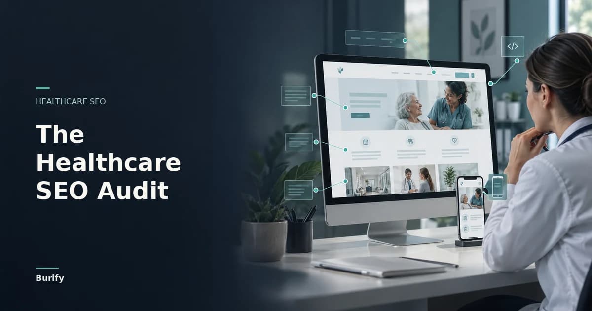 Healthcare SEO hero image of a clinician auditing a clinic website across desktop and mobile, with the headline The Healthcare SEO Audit