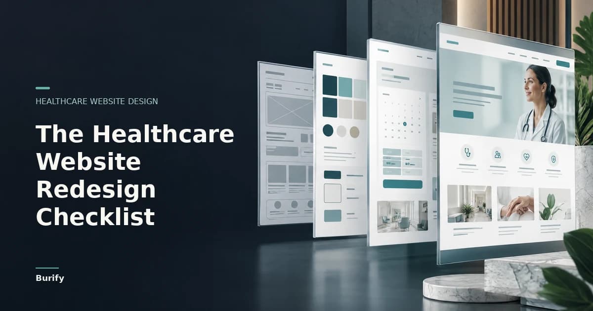 Healthcare website design hero image showing stacked website design templates across desktop and mobile screens, with the headline The Healthcare Website Redesign Checklist